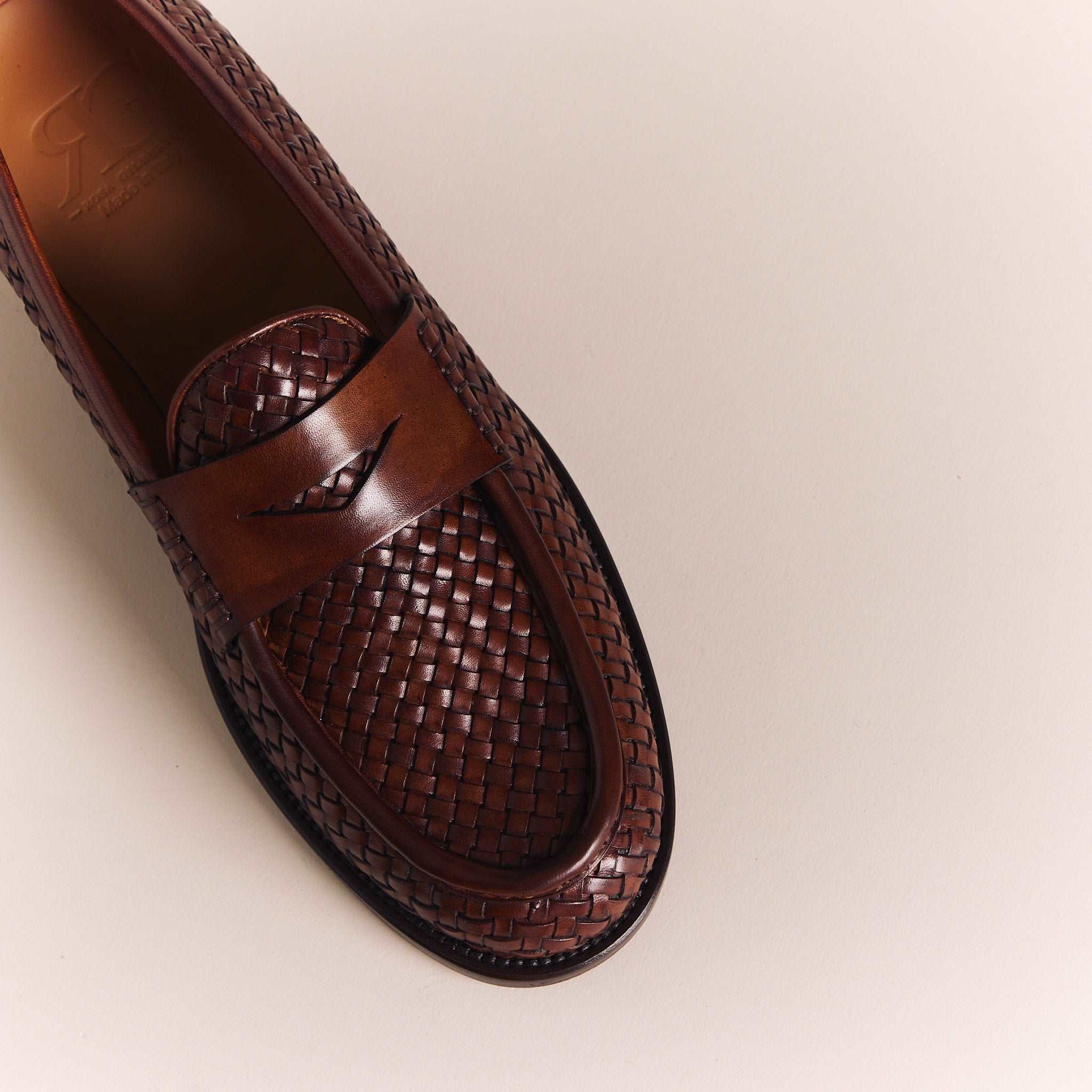 Italian Woven Loafers for Men | Cognac Brown Tessere Moccasins