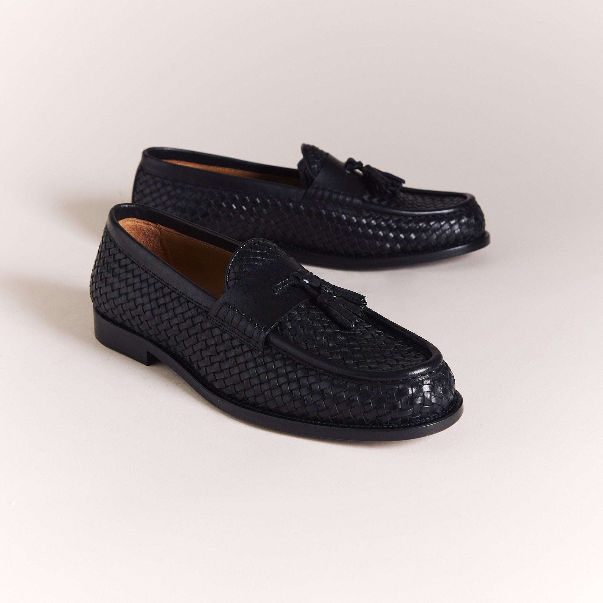 Italian Woven Loafers for Me | Black 'Tessere' Tassel Moccasins