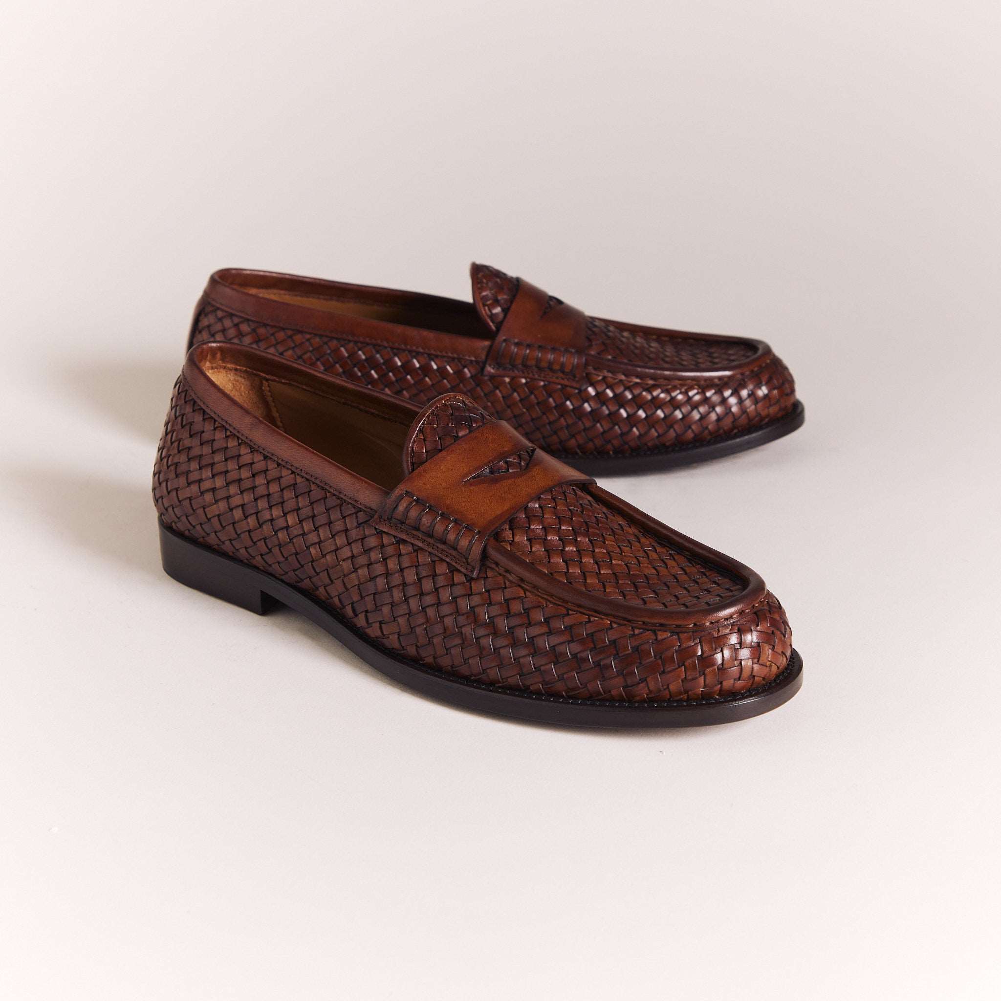 Italian Woven Loafers for Men | Cognac Brown Tessere Moccasins