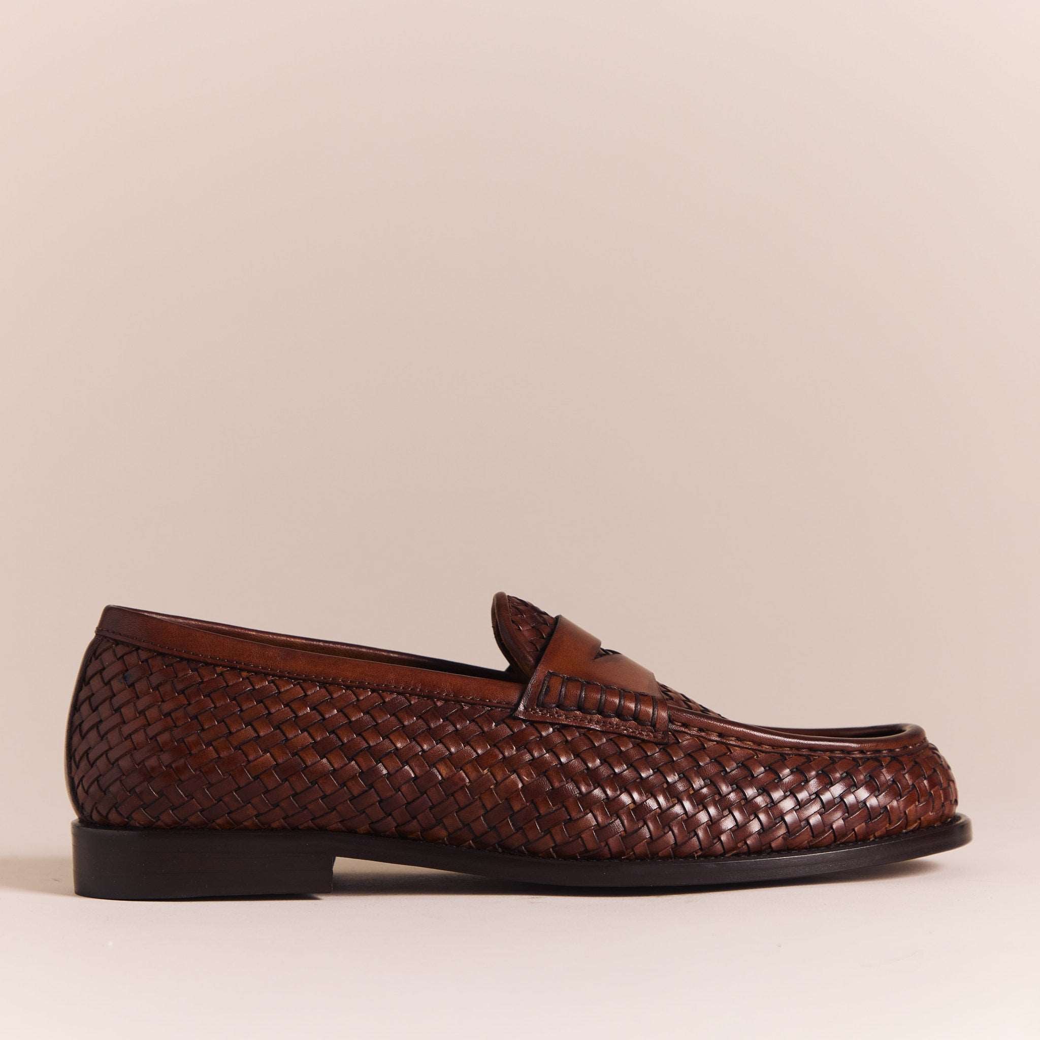 Italian Woven Loafers for Men | Cognac Brown Tessere Moccasins