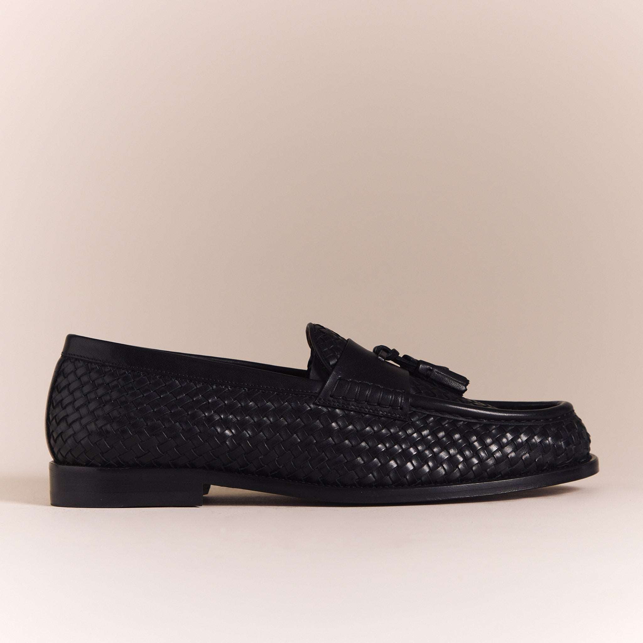 Italian Woven Loafers for Me | Black 'Tessere' Tassel Moccasins