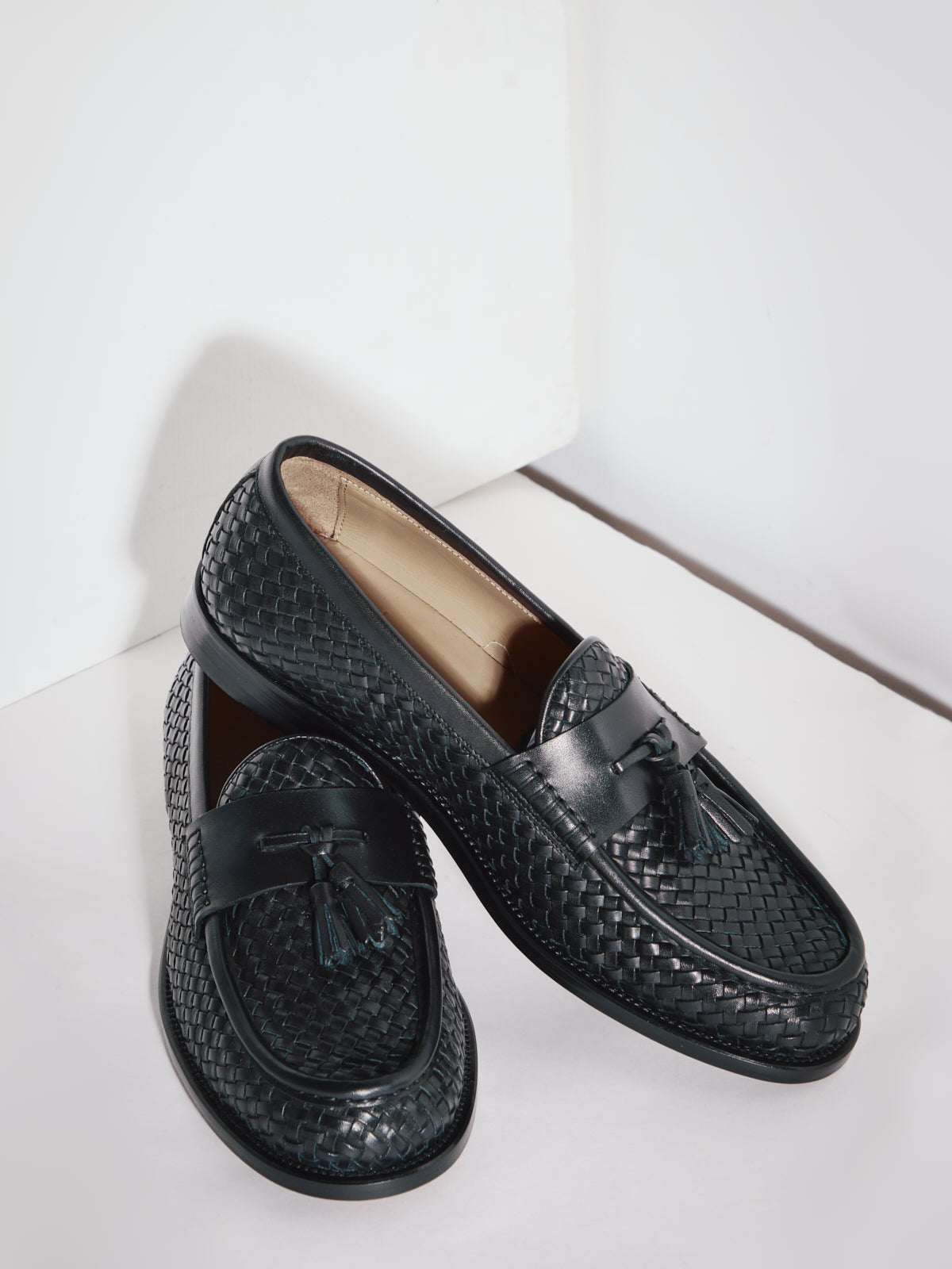 Italian Woven Loafers for Me | Black 'Tessere' Tassel Moccasins